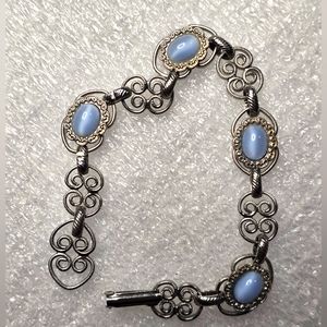 Blue Chalcedony Cat Eye Gemstone Bracelet Ornate Filigree Silver tone- vintage